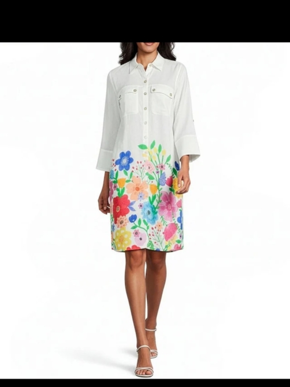 White Shirt Dress with Multicolor Floral Hem